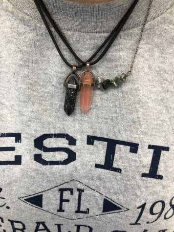 Obsidian and strawberry quartz crystals, worn around  a students neck.