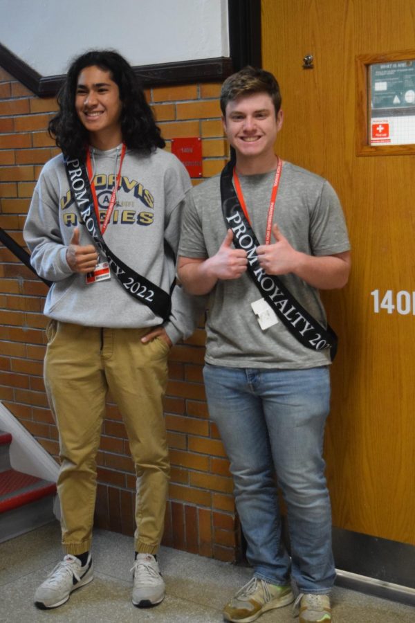 Seniors Dylan Khoury and Hunter Boice after receiving their prom court sashes on April 22.