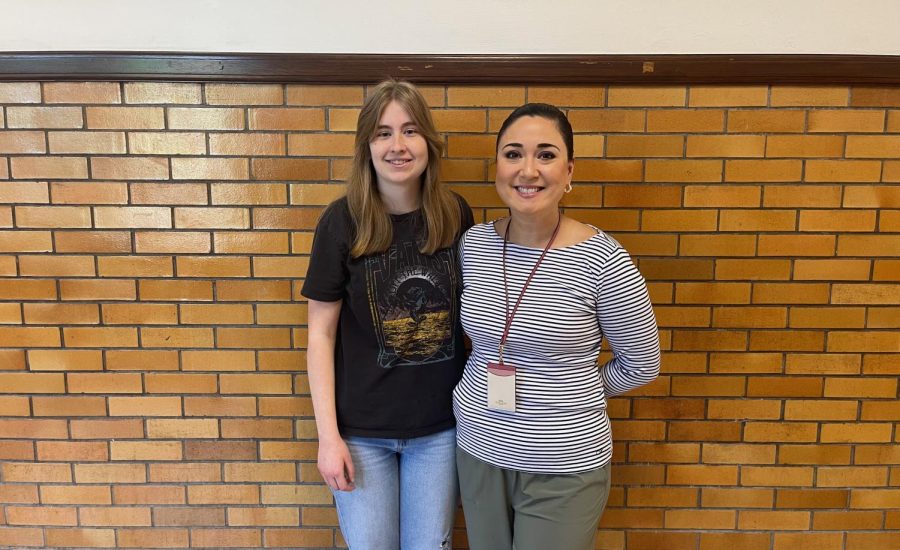 Senior Brooklyn Craig stands with her favorite teacher Jordan Moore who teaches Spanish and Ethnic Studies. Señora Moore is an awesome teacher, said Craig. She has taught me so much about different cultures through her Ethnic Studies class and Diversity Student Union.