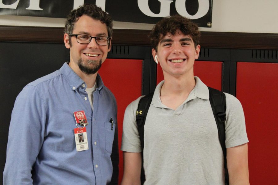 Sophomore Jacob Province with his favorite teacher Andrew Moore. “Mr Moore is my favorite teacher because hes a real one. He’s a super chipper guy and I’ve literally never seen him in a bad mood. Plus he always shows up with the best fits. Oh, and he’s a great teacher,” said Province.