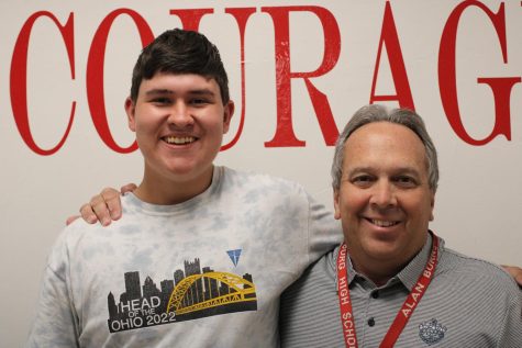 Junior Jeremiah Tennant with his favorite teacher, Alan Burns. Mr. Burns is my favorite teacher because when you would talk to him he would always be your friend and try to understand things from your perspective as a friend instead of a teacher, said Tennant.