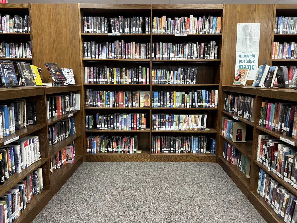 Bookshelves in the PHS library.