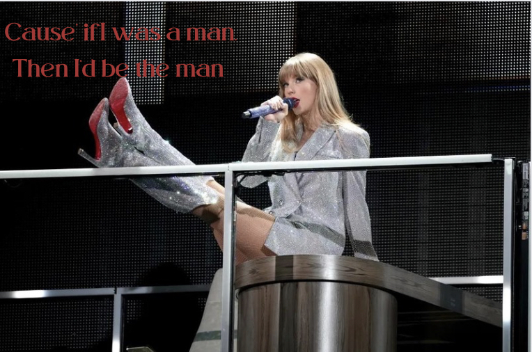 Photo created on Canva of Taylor Swift preforming “The Man” during the Eras Tour. 