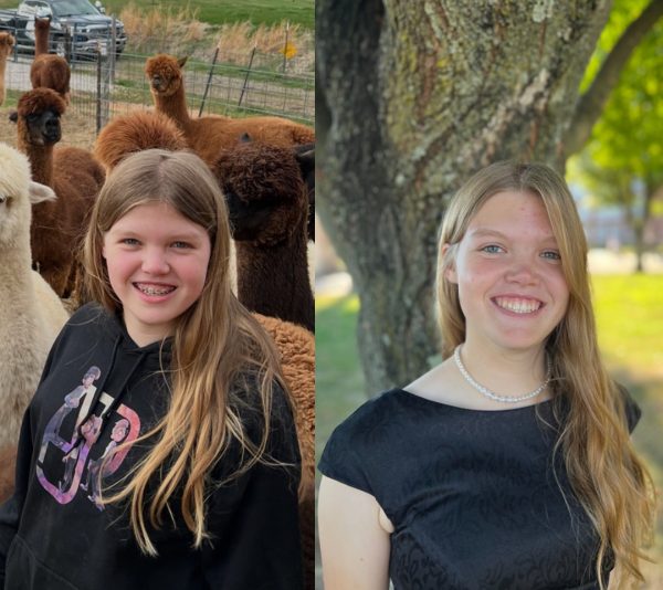 Senior Catherine Hayes as a freshman (left) and senior (right).
