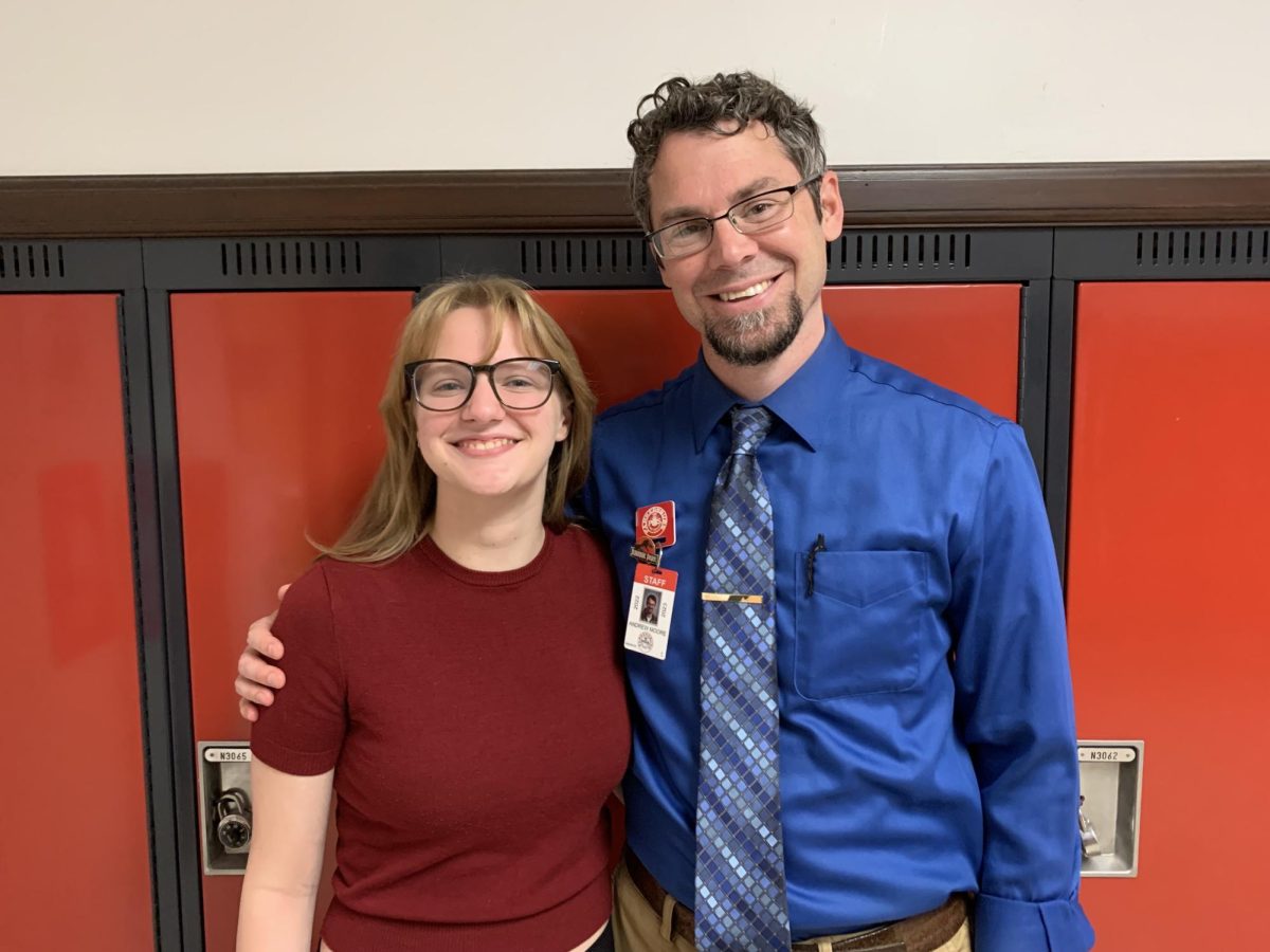 Senior Morgan McFee with her favorite teacher, Andrew Moore. “He’s a pretty cool guy. He makes me very comfortable. He actually gets my jokes, which is strange, but he also jokes back in the same kind of humor. He’s kind to everyone and I think that’s a really good quality to have as a person.”