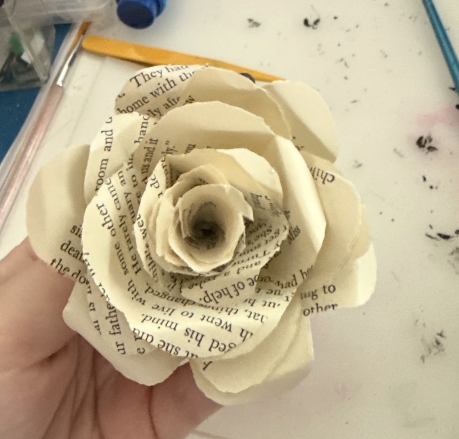 A book page carnation made by Sam Bailey in preparation for the NEHS fundraiser. 
