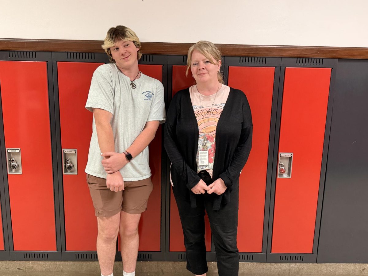 Sophomore Jacob Daugherty and his favorite teacher, Mary Eddy. "Mrs. Eddy is my favorite because we're both music people. She plays the banjo and we understand the language of music together and I really understand her way of teaching," Daugherty said.